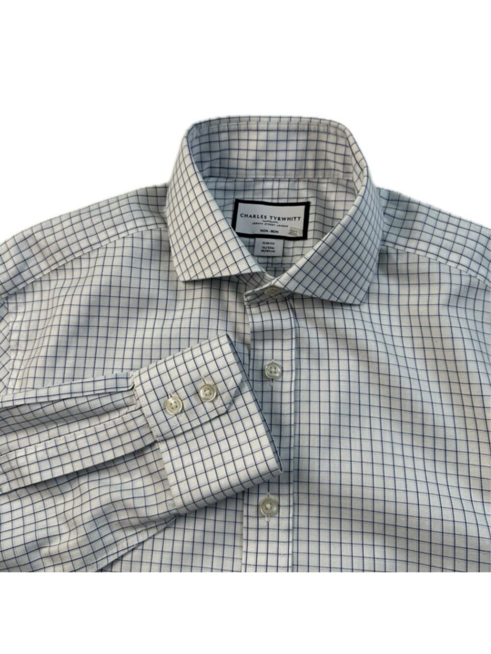 Charles Tyrwhitt Men’s White Dress Button Up Shirt Checked 15/33 Non Iron Slim